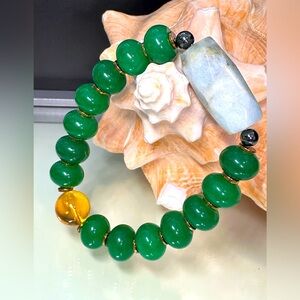 EMERALD JADE STONES + AQUAMARINE + CITRINE NATURAL STONES BRACELET 7.5”